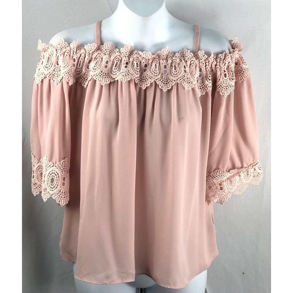 Vtg Off shoulder peasant top L pnk lace flowy Romantic Coquette Y2K 90s Fairy